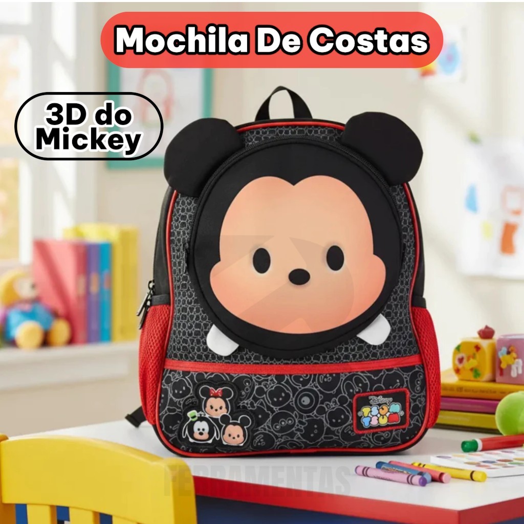 Mochila Escolar Infantil Mickey Mouse bolsos laterais bolso frontal 3D leve, duravel resistente