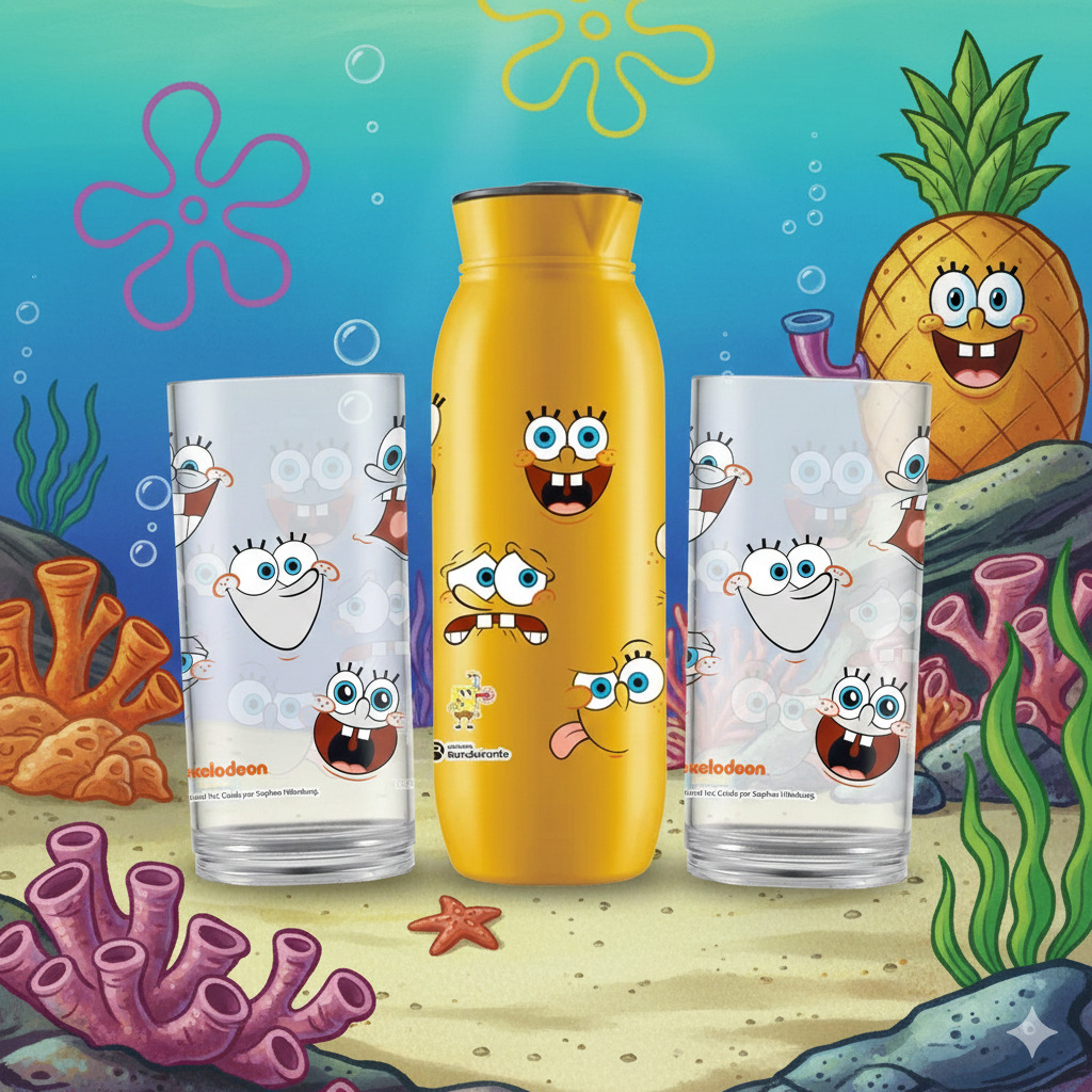 Kit Bob Esponja Jarra 1400ml + 2 Copos 400ml (Plástico) Escola, Creche, Divertido, Desenho