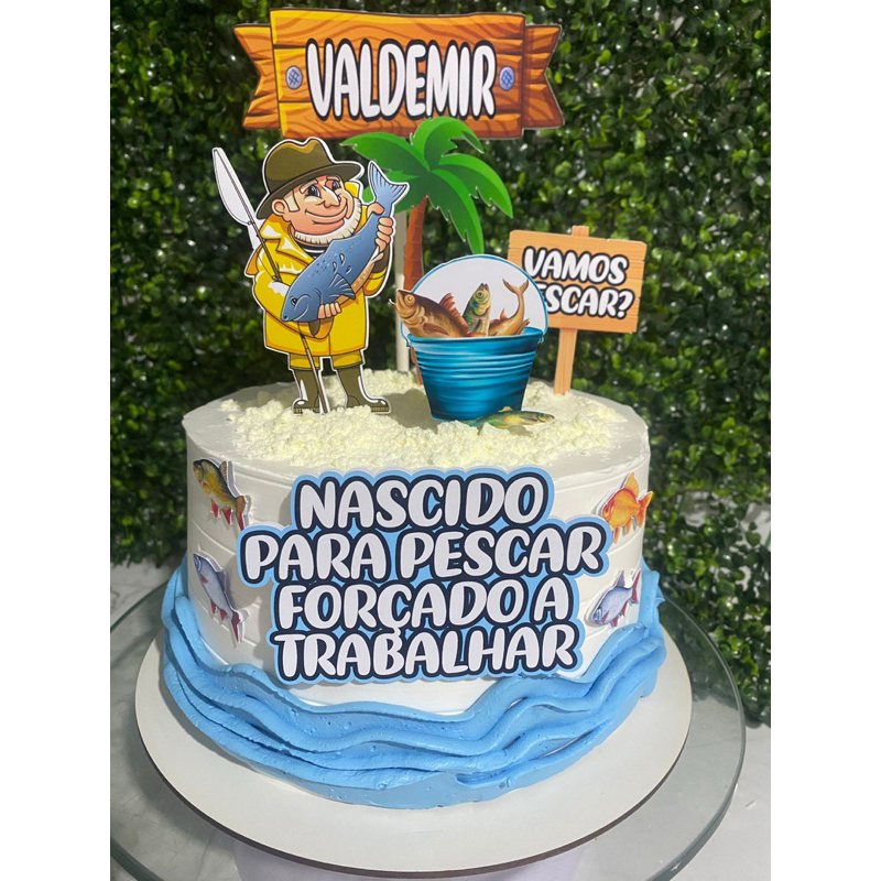 Topo de bolo Personalizado Pesca" Topo de bolo Personalizado Pescador Masculino" Topper de bolo Pescaria