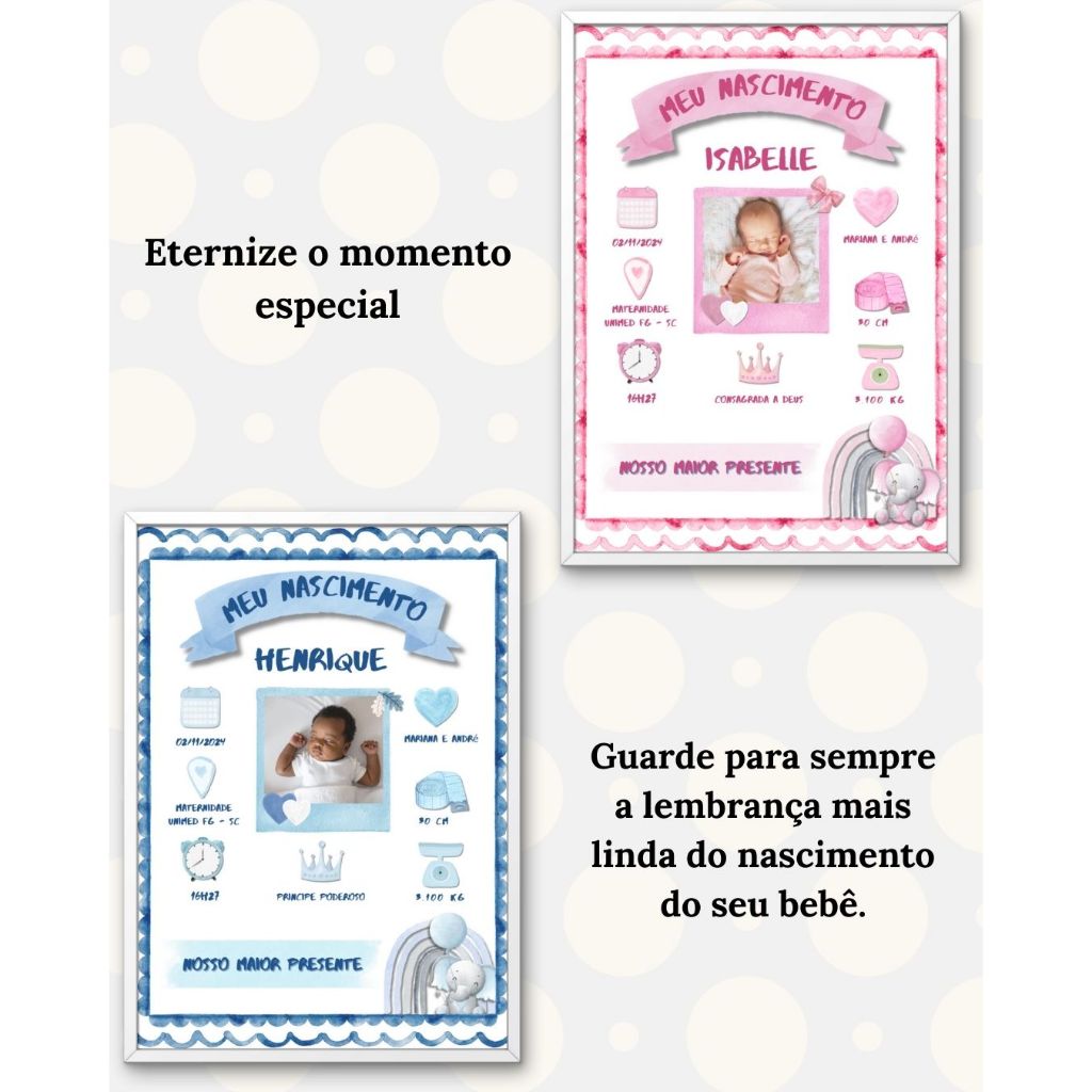 Quadro de Nascimento Personalizado com Foto A4 ou A5 | Registro do Bebê | Moldura com Vidro