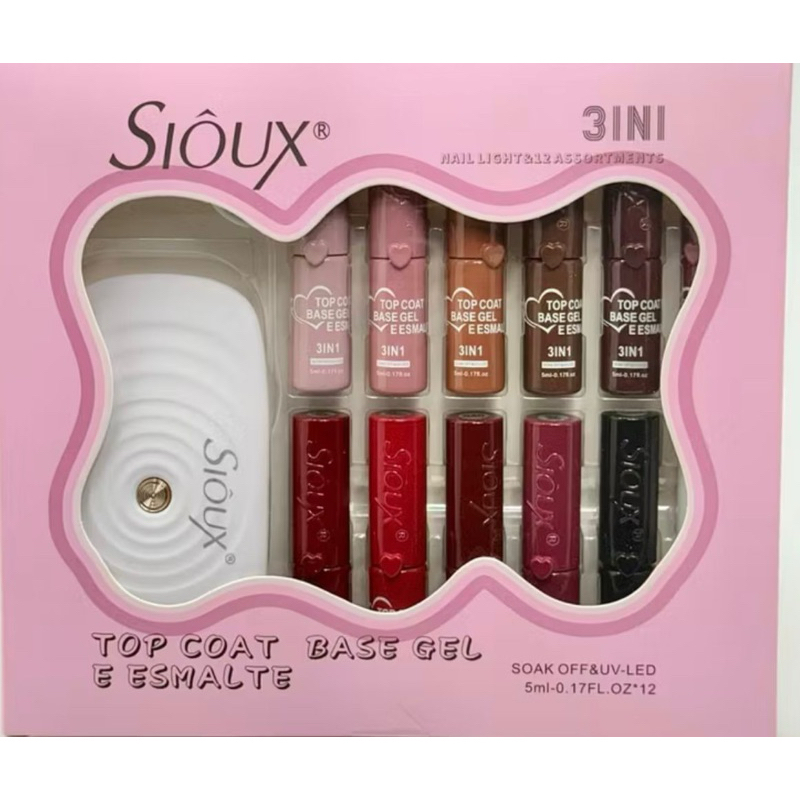 Kit Esmalte em Gel Sioux 3 em 1 + Cabine LED UV | Top Coat Base Gel | 12 Cores | Secagem Rápida
