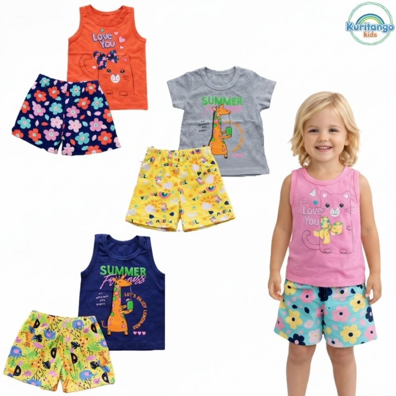 Conjunto infantil Menina verão Tamanho 1 ao 12 Anos Camisetas + Shorts Sortidos l Roupa de Menina