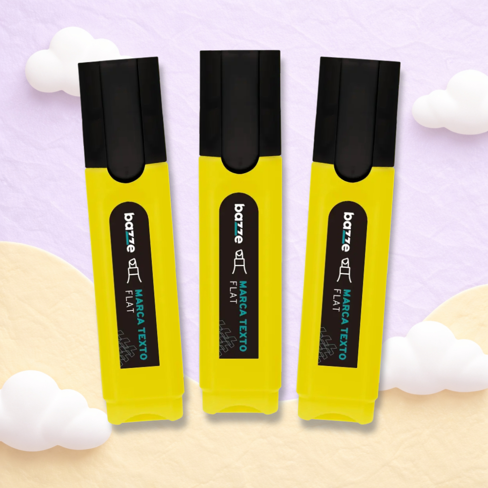 Kit 3 Marca-Texto Flat Neon Amarelo Bazze | Ponta Chanfrada em Oferta na Shopee