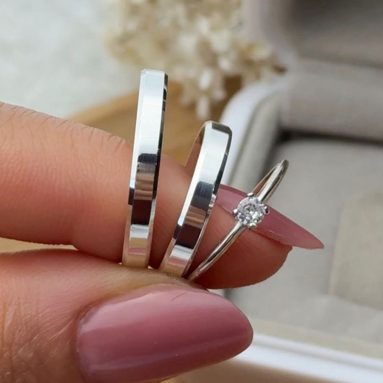 Par de Alianças Prata 950 3mm Polida + Anel Solitário | Personalizadas com Gravação Grátis | Compromisso / Namoro