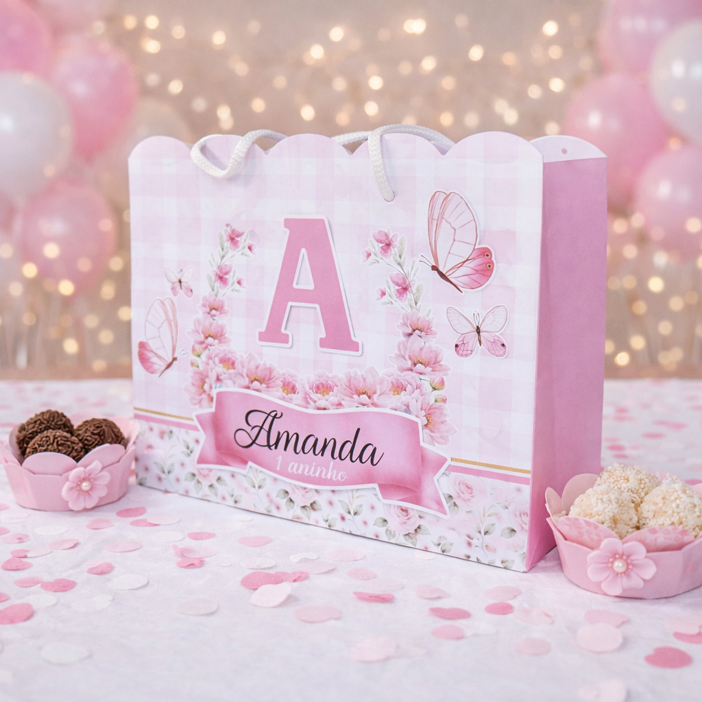 Sacolinha JARDIM BORBOLETAS ROSA Personalizado Sacolinha Lembrancinha Aniversário JARDIM PEGUE E MONTE