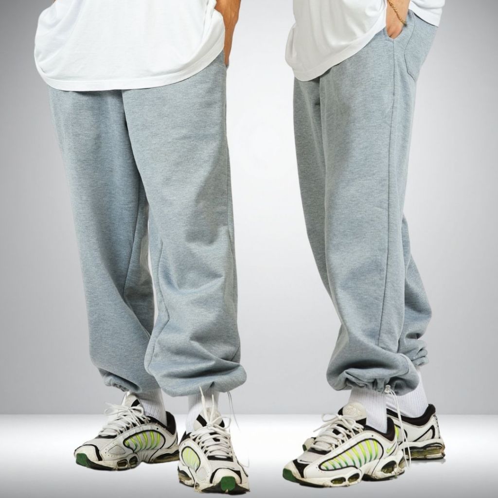 Calça moletom larga flanelada com regulador cinza masculina em Oferta na Shopee