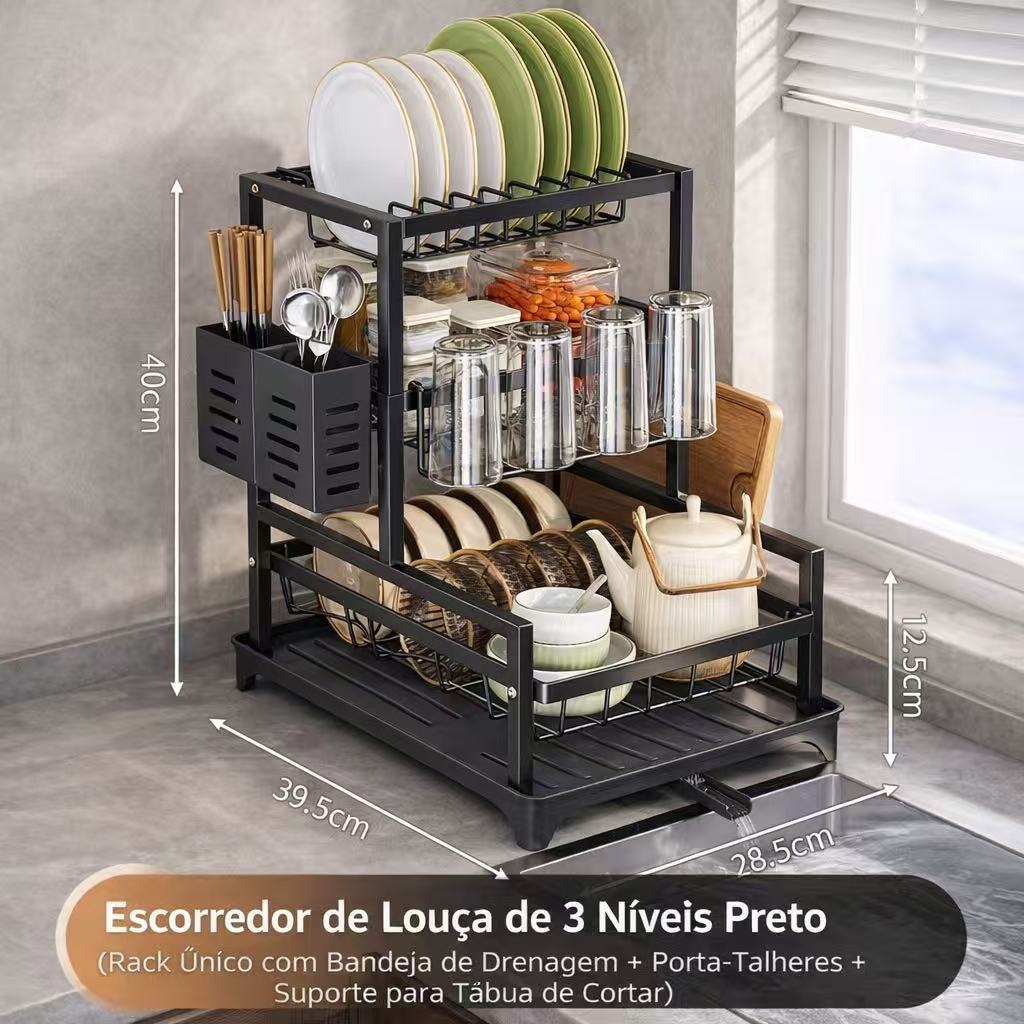Escorredor de Louças Rack Aço Carbono Organizador Preto
