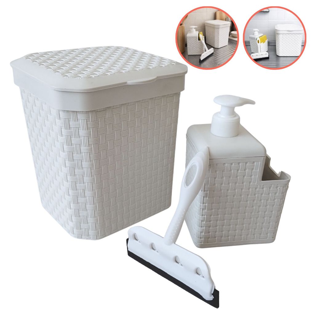 Kit Organizador Lixeira Rattan 5 Litros Porta Sabão E Rodinho Pia Cozinha Chá Panela Detergente Rodo Dispenser Sabonete