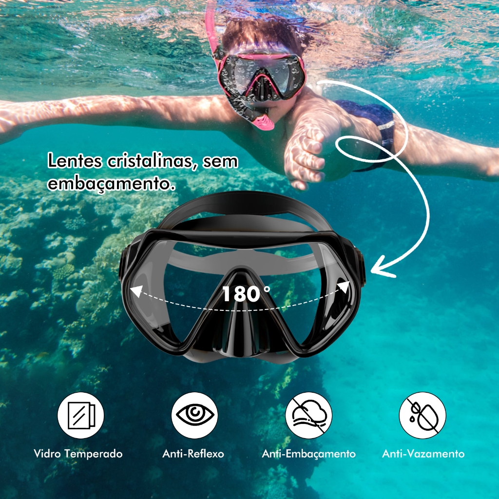 Kit Máscara Snorkel Mergulho Vidro Temperado + Respirador, óculos de mergulho