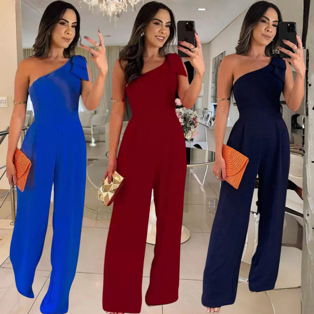 Macacão Feminino Luxo Pantalona Ombro Só com Laço Duna Premium Festa 2026 em Oferta na Shopee