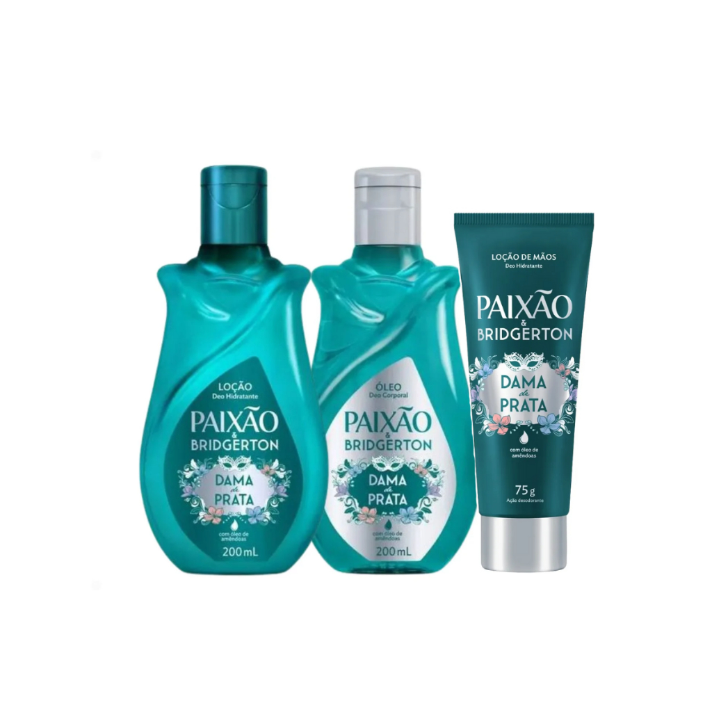 Kit Paixão e Bridgerton Dama de Prata Óleo Corporal + Hidratante Corporal + Hidratante de Mãos com Ação Desodorante