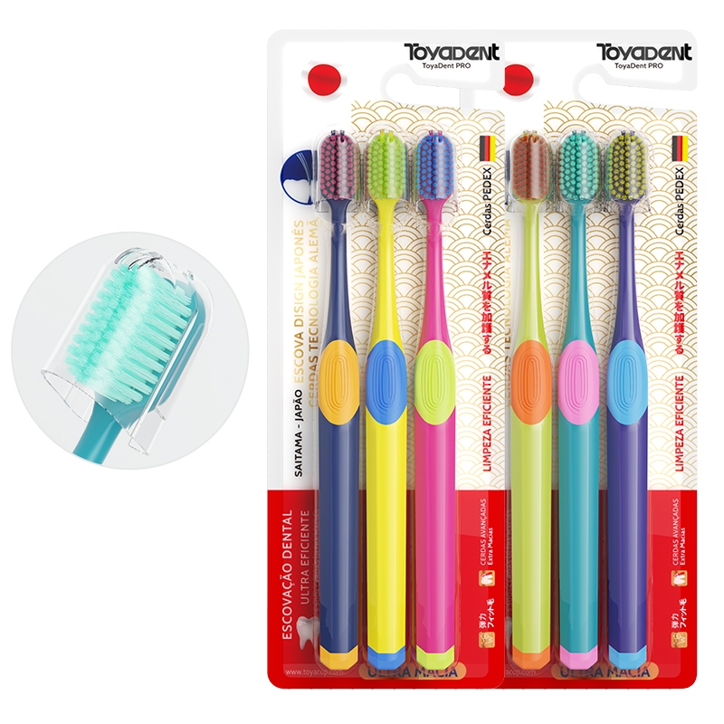 ToyaDent Escova de Dente,Cerdas Macias,Kit 3 Unidades+Capa Protetora,Design ergonômico