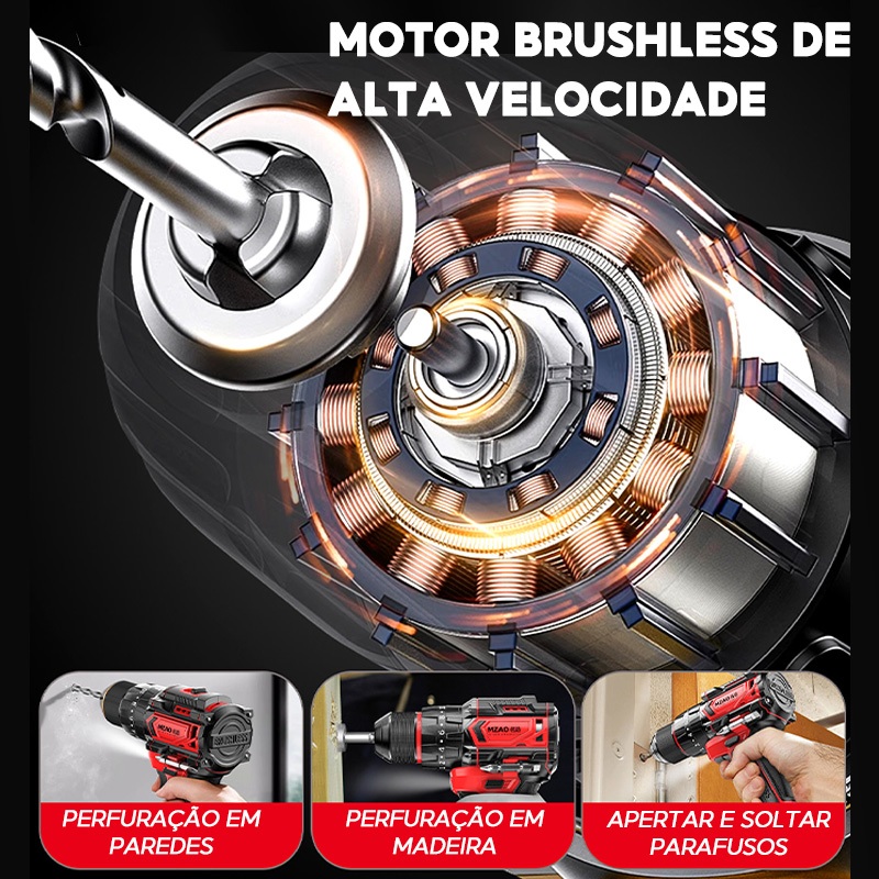 Furadeira Impacto Parafusadeira a Bateria Sem Fio Profissional Brushless 21V Baterias Kit Completo