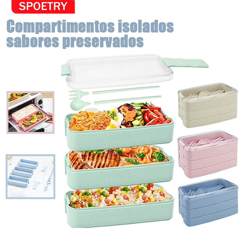 Pote Marmita Lancheira Com 3 Divisória E Talheres Micro-ondas Aplicável A Student Office Workers 1000ML em Oferta na Shopee