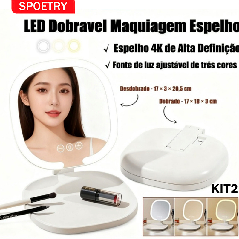 KIT2 LED Dobravel Maquiagem Espelho Circular Portátil Recarregável Ajuste De Iluminação Em Três Níveis