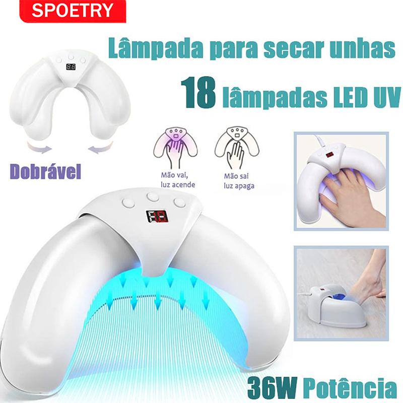 Cabine De Unha Profissional 18 LEDs 36W LED/UV Secagem Gel Unh- - Secagem Rápida e Dobrável