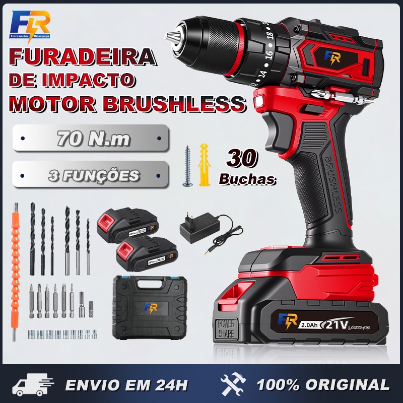Furadeira Impacto Parafusadeira a Bateria Sem Fio Profissional Brushless 21V Baterias Kit Completo em Oferta na Shopee