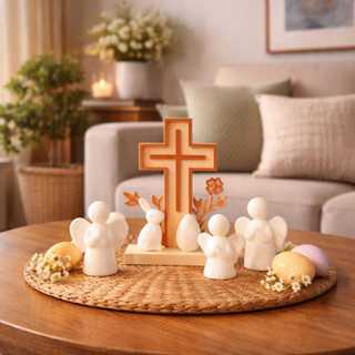 Decoração de Páscoa Minimalista com Cruz, Anjos e Coelho – Enfeite Cristão para Sala e Mesa em Oferta na Shopee