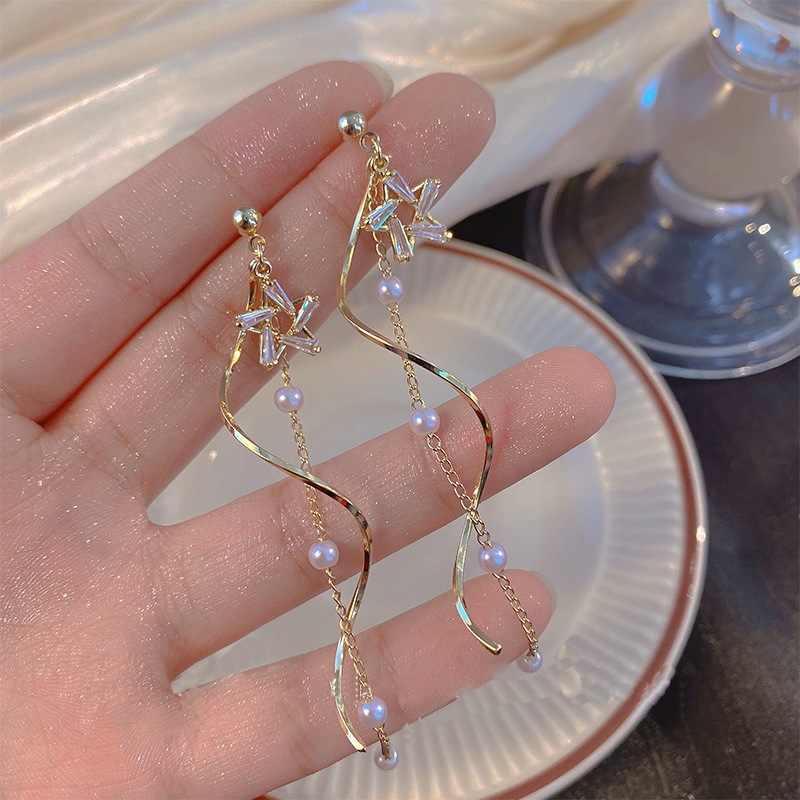 Brincos De Borla De Pérola De Estrela De Zircão , Elegantes , Longos , Pendurados , Joias De Orelha Para Mulheres