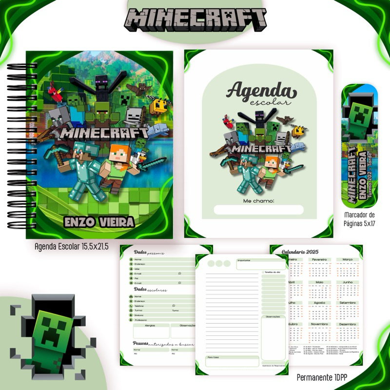 AGENDA ESCOLAR PERMANENTE PERSONALIZA MINECRAFT em Oferta na Shopee