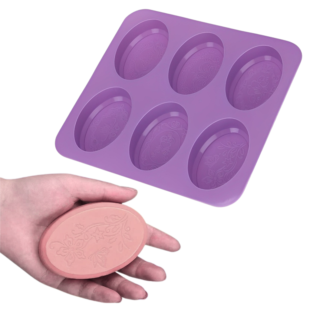 Molde de Silicone Sabonete 90g Formato Oval 6 Cavidades Forma Sabão Desenhado Texturizado Arabesco
