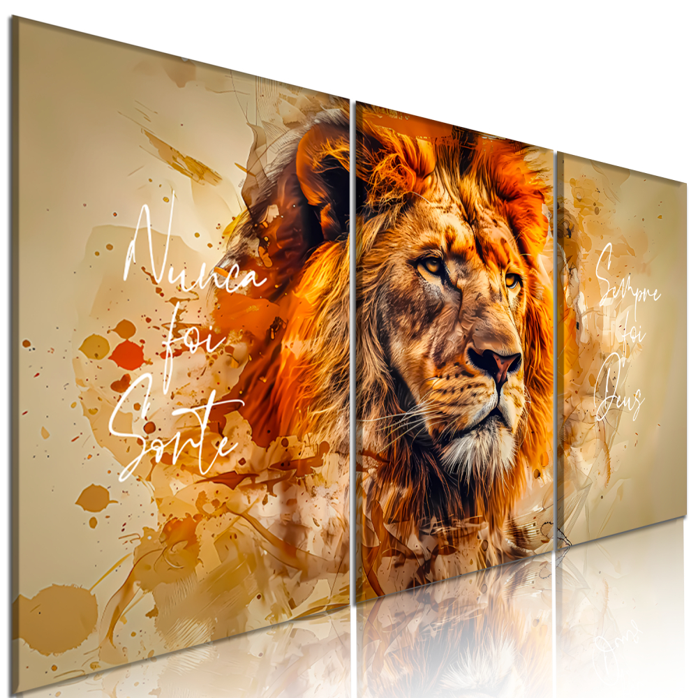 Quadro Decorativo Leão Nunca Foi Sorte, Sempre Foi Deus Kit 3 Telas Moderno Religioso
