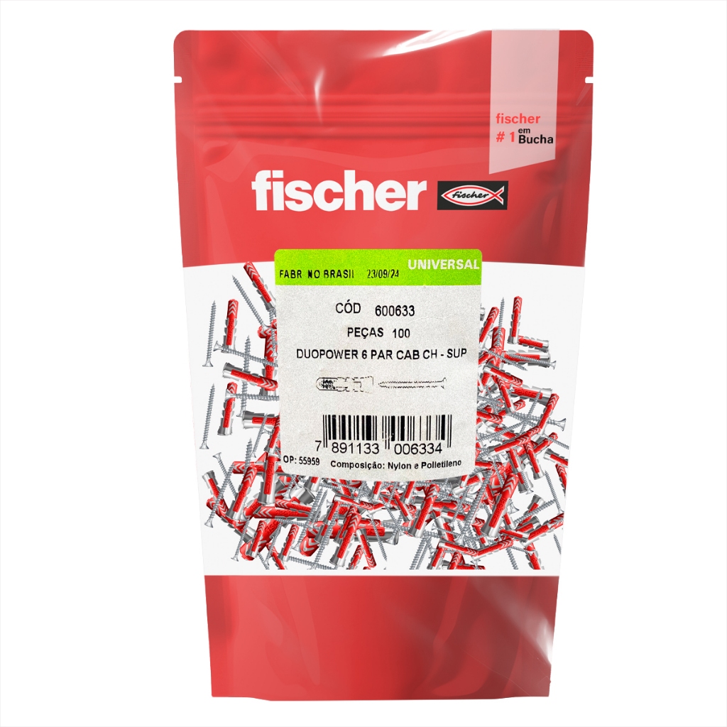 Bucha De Nylon Duopower 6mm Fischer C Aba E Parafuso 100pçs
