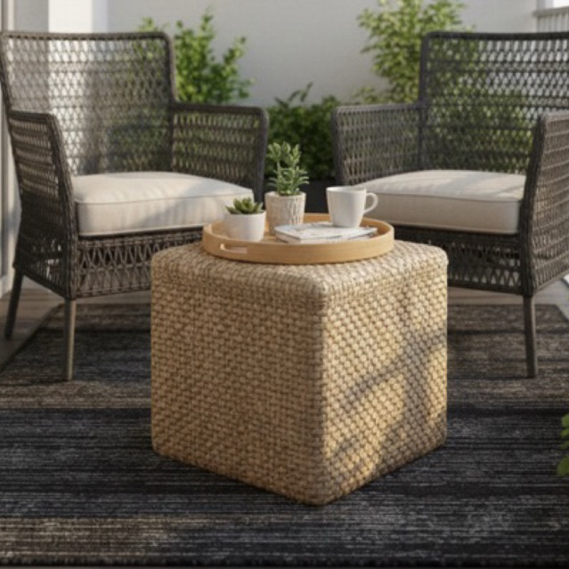 Banco Puf Assento de Palha Natural Decoração Rústica Sustentável