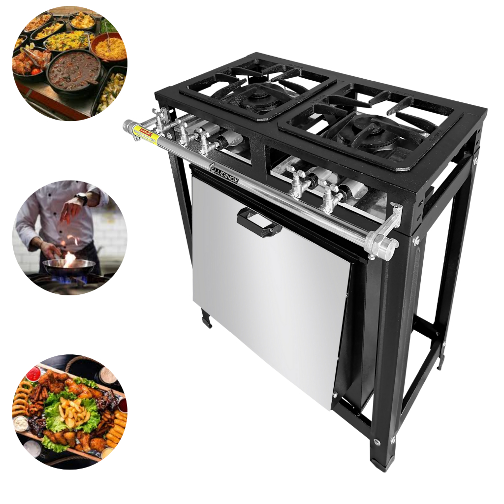 Fogão Industrial 2 Bocas BAIXA PRESSÃO Com Forno 60 L Tampa Inox