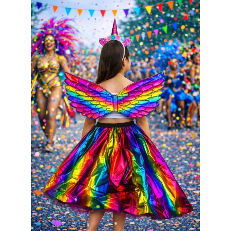 Fantasia Infantil Unicórnio Rosa com Asa, Tiara e Saia - Tamanho Único para 2 a 6 Anos