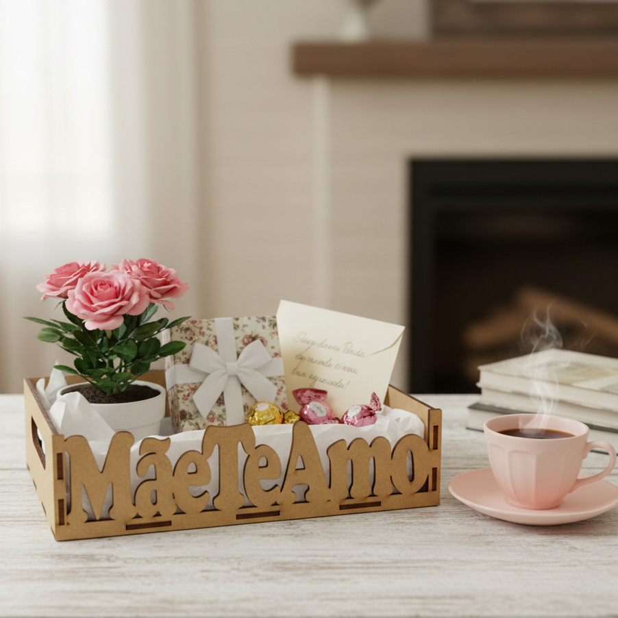 Bandeja Retangular Mãe Te Amo MDF Cru 30x20x7cm Dias das Mães