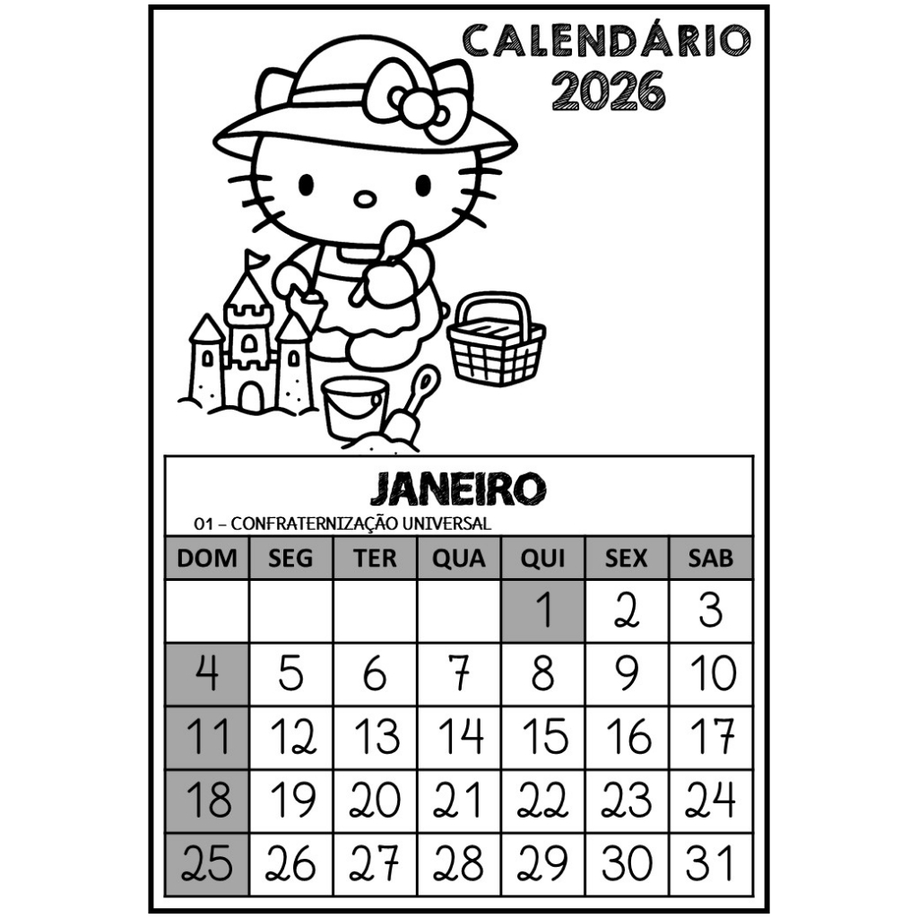 Calendário 2026 Hello Kitty Para Colorir A5 - 12 Folhas Soltas (Papel 180g ou 120g)