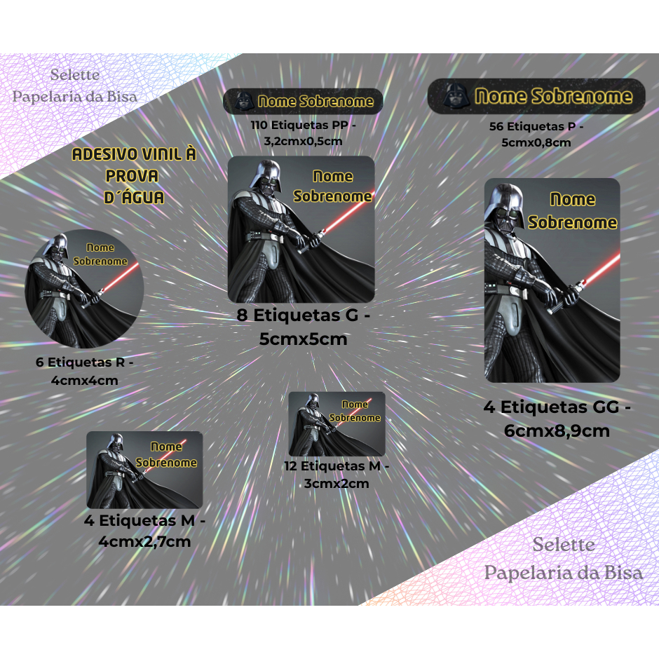 Kit 200 Etiquetas Escolares no Tema Darth Vader Vinil Personalizadas à Prova D´Água