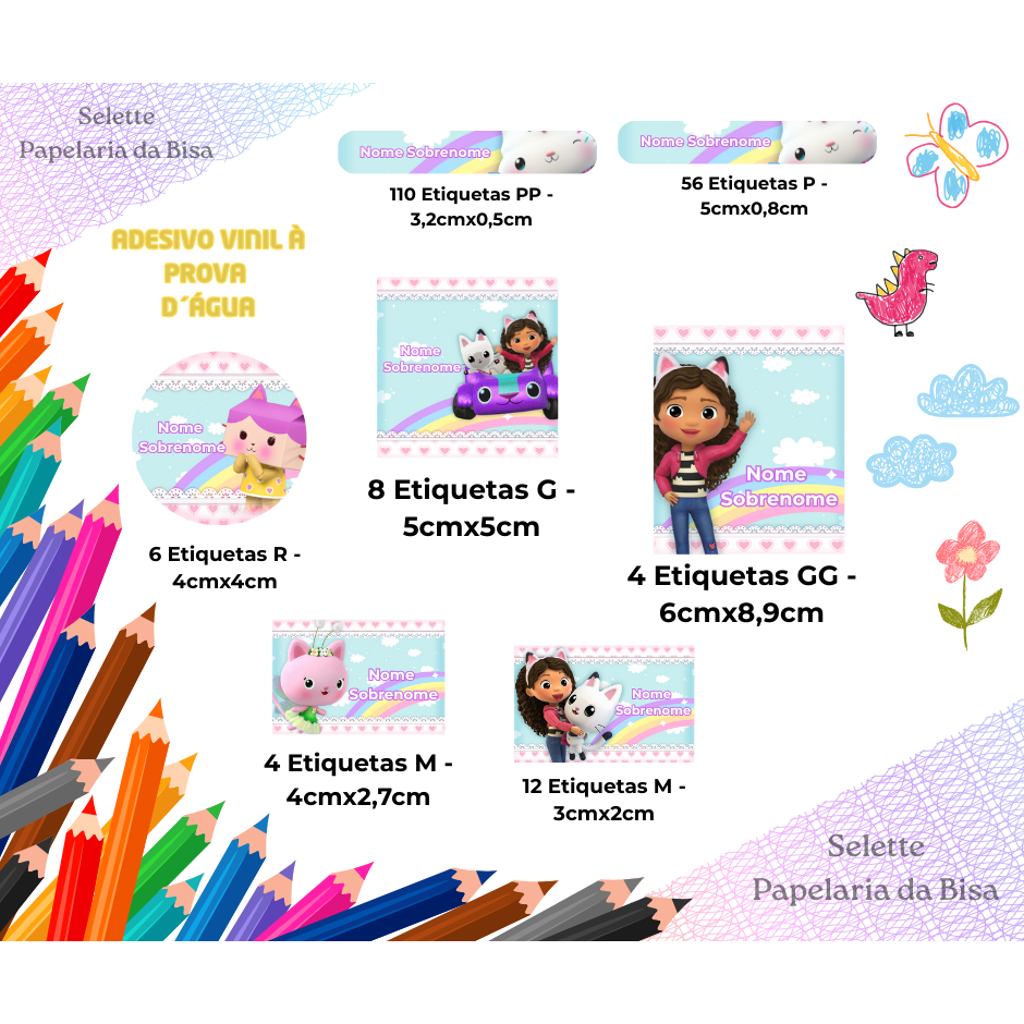Kit 200 Etiquetas Escolares no Tema Casa Mágica da Gabby Vinil Personalizadas à Prova D´Água