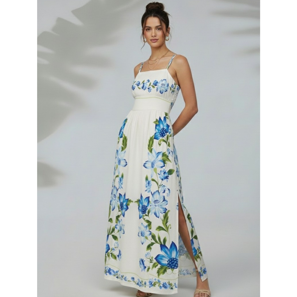 Vestido Longo Estampado De Alcinha Com Fenda Decote Poliéster Verão Casual Floral Confortável em Oferta na Shopee