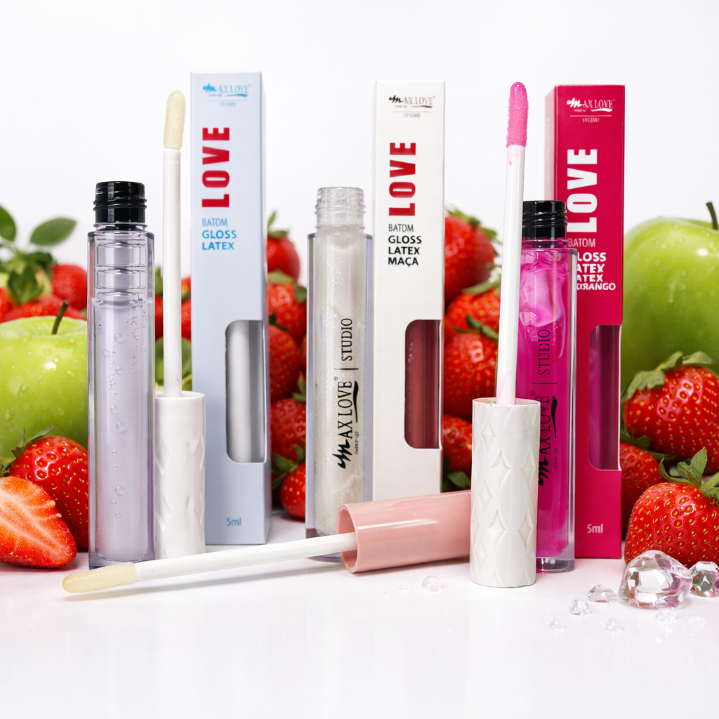 Kit 3 Batons Gloss Max Love Latex Brilho Intenso Vegano Hidratação Alta Pigmentação