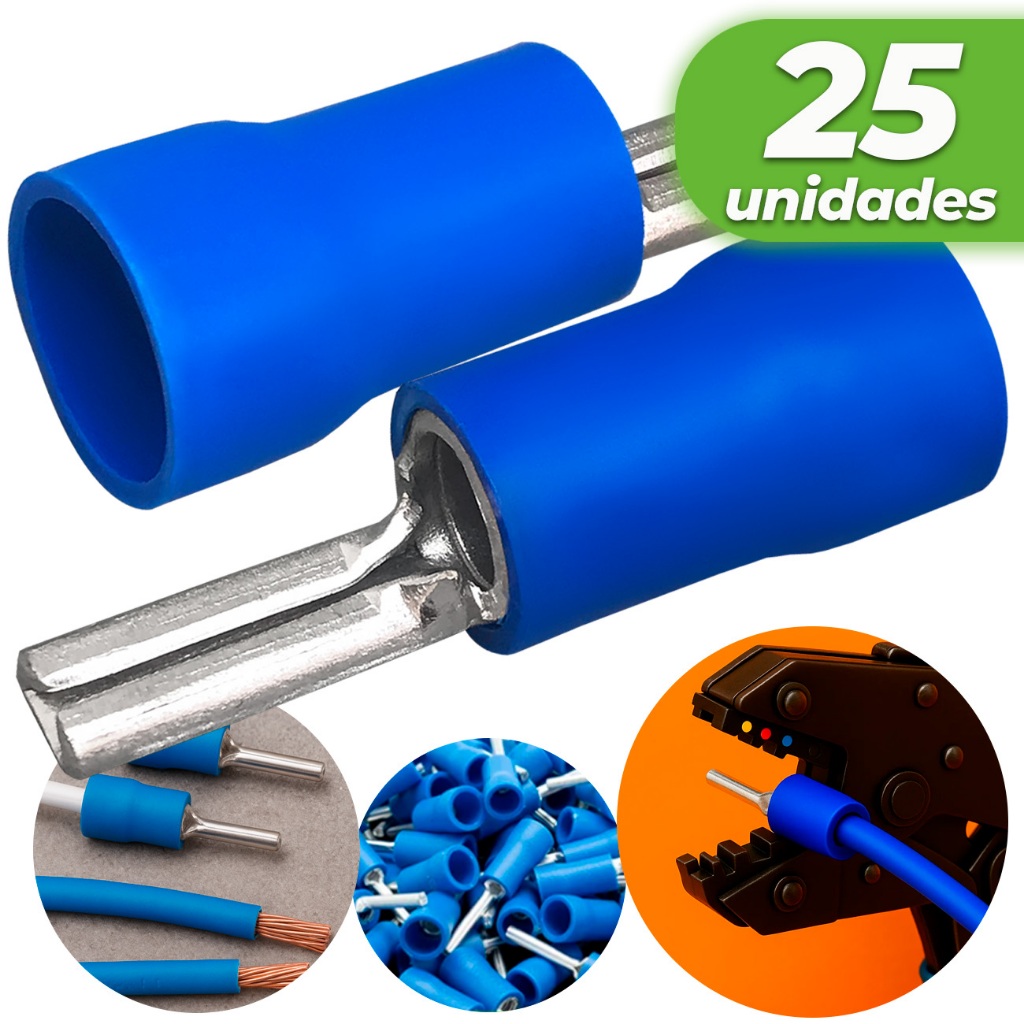 Kit Com 25 Conector Terminal Pino Agulha Lamina 16mm Azul Conector Eletrico para Cabos e Fios