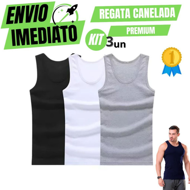 Kit 3 Regata Premium Masculina Modelo Americano Canelada Algodão e Elastano Malha Encorpada Ultra Conforto em Oferta na Shopee