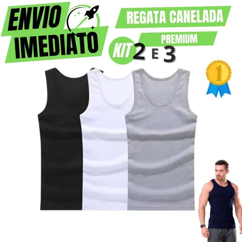 Kit C/3 e C/2 Regata Premium Masculina Modelo Americano Canelada Algodão e Elastano Malha Encorpada Ultra Conforto em Oferta na Shopee