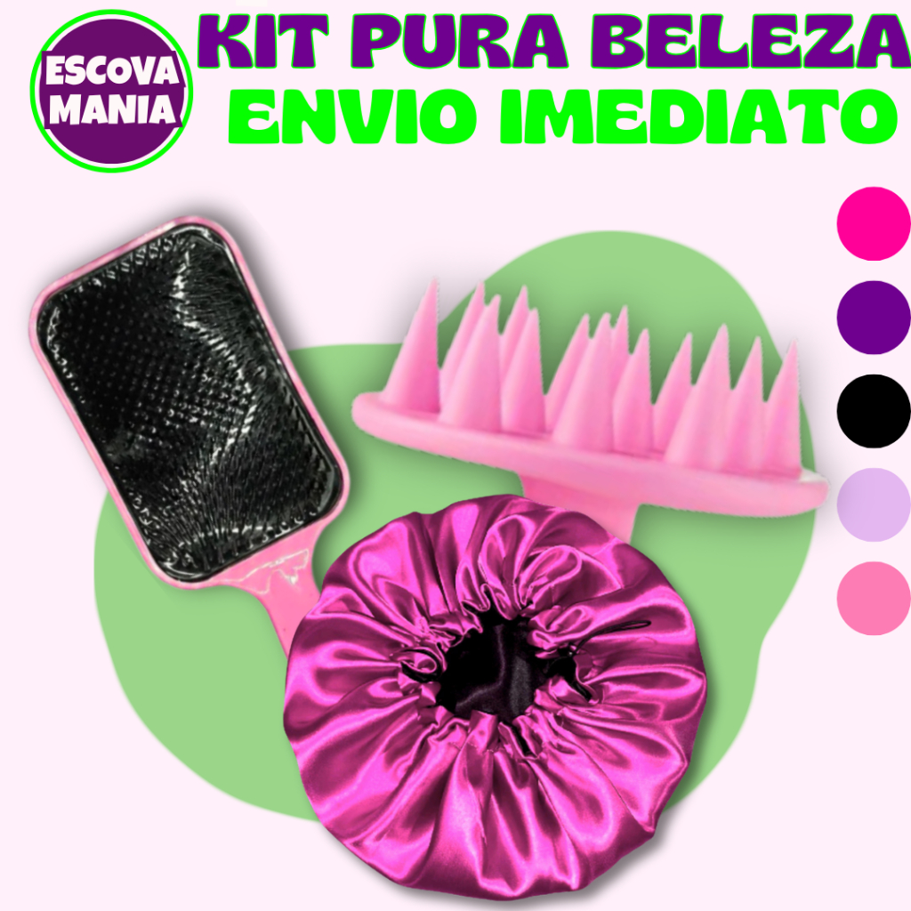 Kit Pura Beleza -3 ITENS _ 1 Escova Raquete + 1 Escova Massageadora + 1 Touca De Cetim + Anti Frizz - De Desembaraçar Ca