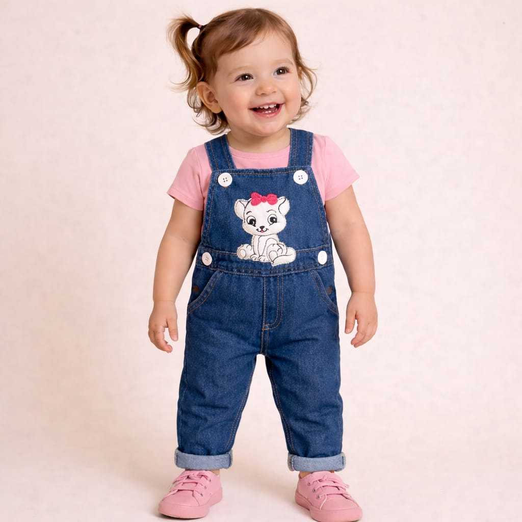 Macacão Jardineira Jeans Calça Infantil Menina Bordado 1 a 3 Anos