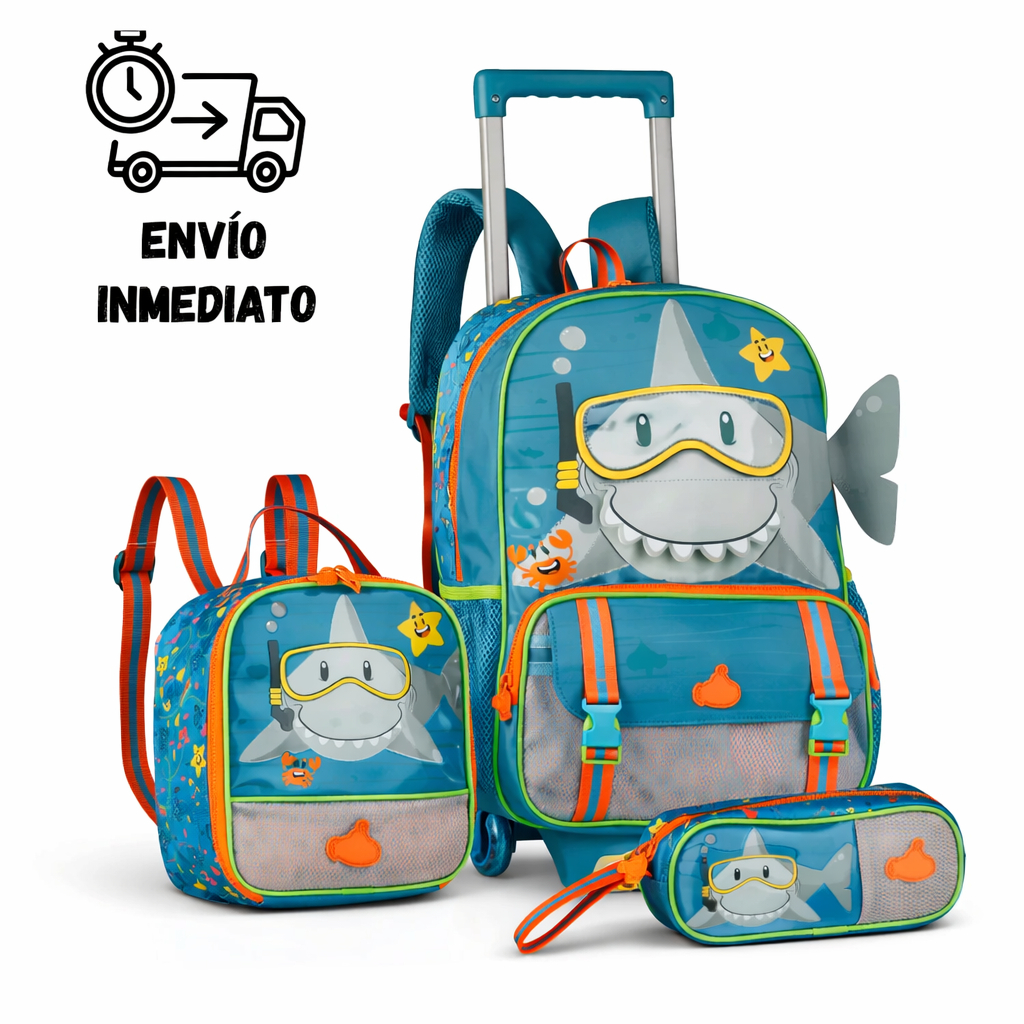 Kit Mochila de Rodinhas Tubarão Infantil Escolar Lancheira Estojo Menino Clio