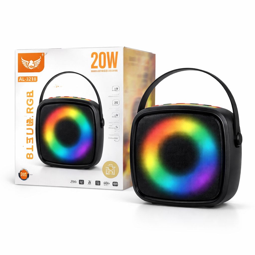 Mini Caixa de Som Bluetooth RGB 20W AL-3218 – Portátil, USB/TF/AUX com Alça de Couro