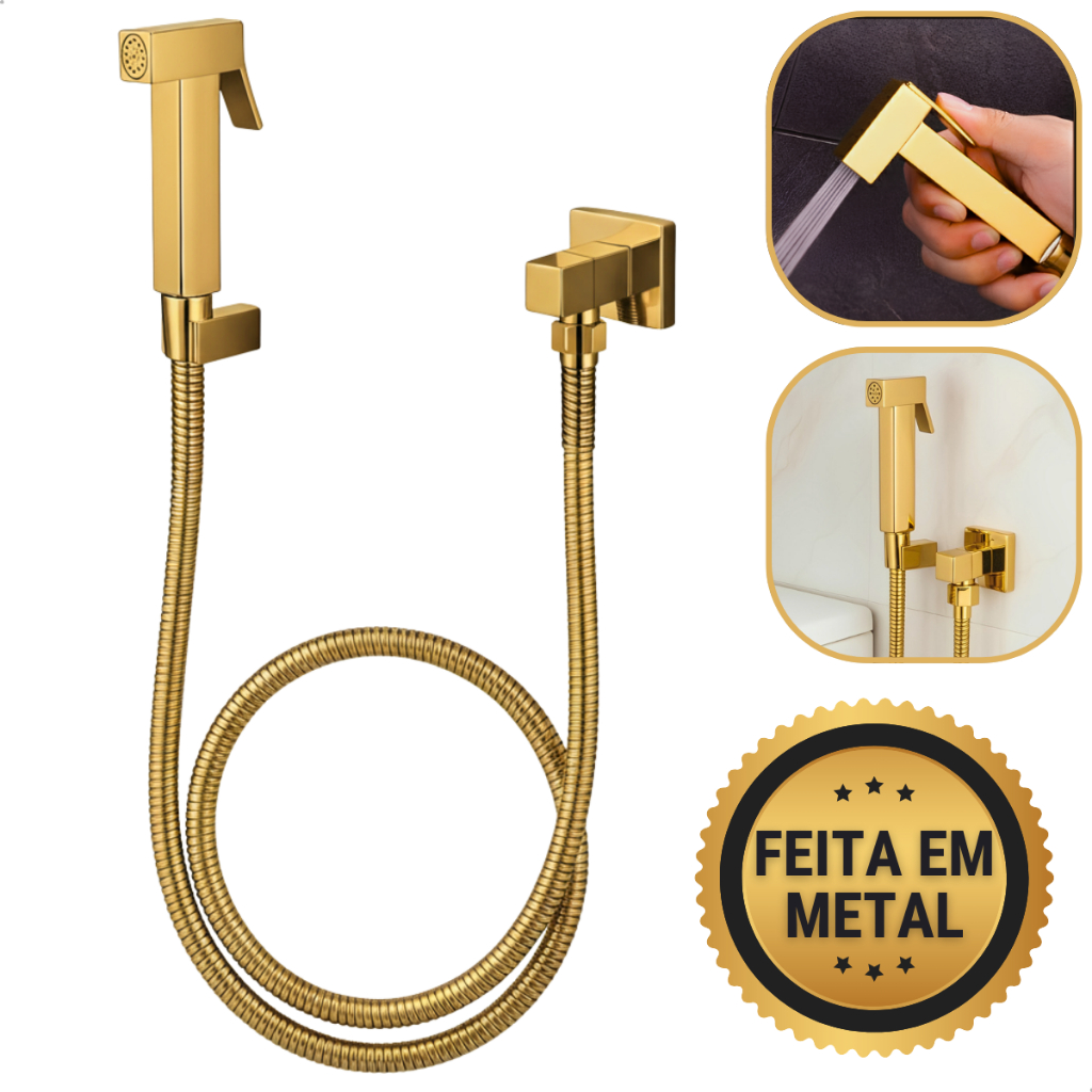 Ducha Higiênica Chuveirinho Em Metal Para Banheiro Privada Completa 1/4 De Volta Dourada Bidê