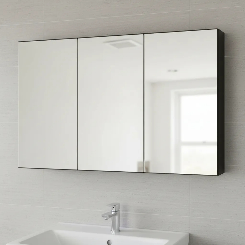 Armário 90cm Aéreo Banheiro Com Fundo Com 3 Portas De Espelho Preto - 100% MDF - MONTADO