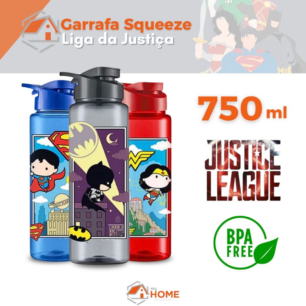 Garrafa Água Squeeze Liga da Justiça Batman Mulher Maravilha Superman 750ml