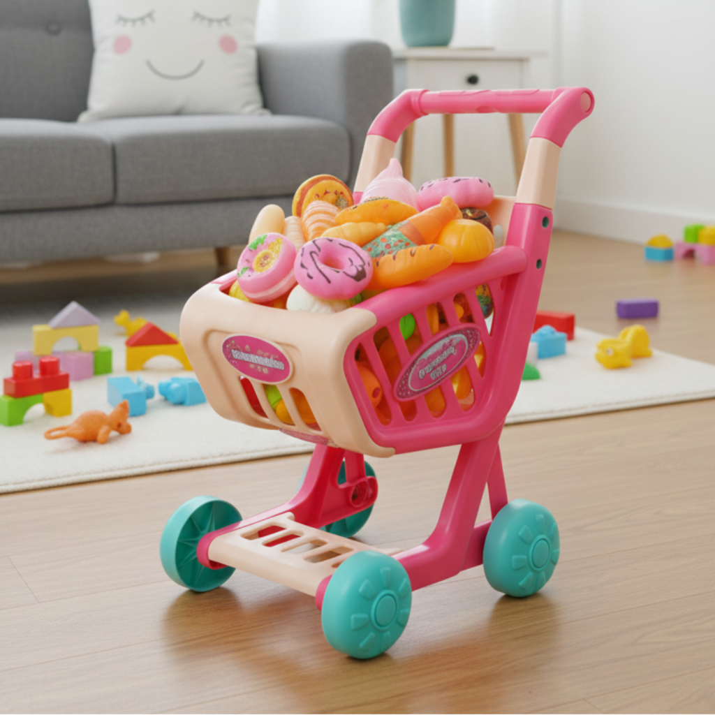 Carrinho De Compras Supermercado Infantil Mercado Azul com Frutinhas e Rosa com Docinhos em Oferta na Shopee