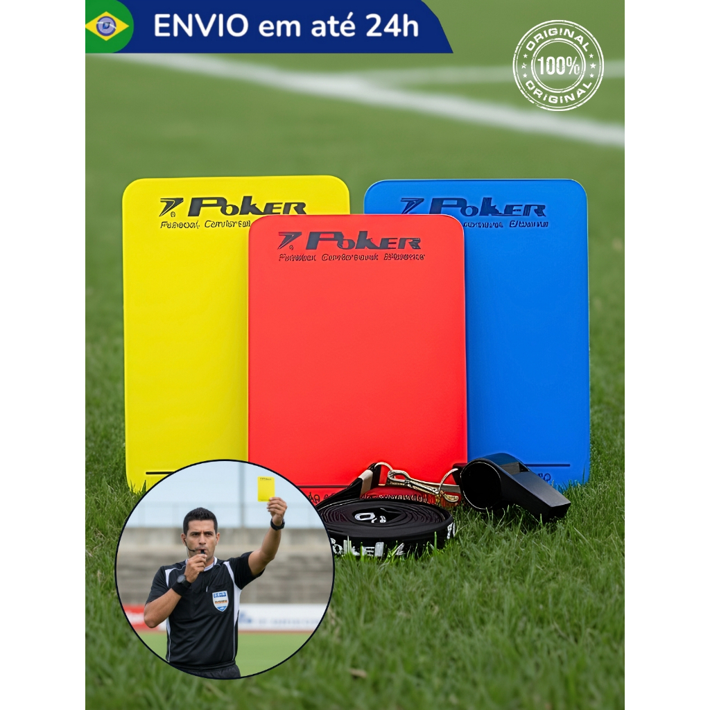Kit Arbitragem Profissional Oficial Juiz Futebol Campo Society Futsal Cartão Cordão Apito Poker