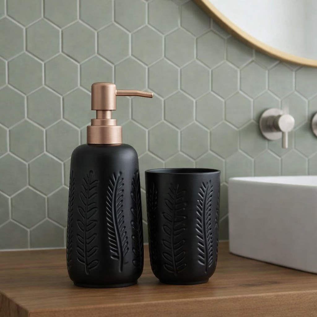 Kit Banheiro Lavabo 2 Peças Botanic Porta Sabonete Líquido Suporte p/Escovas Cerâmica Pump Champagne em Oferta na Shopee