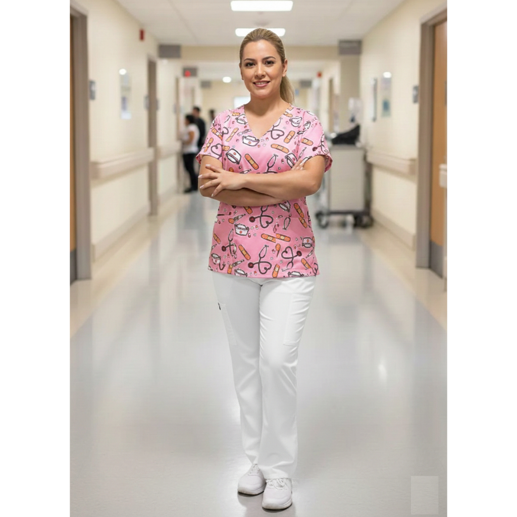 Blusa feminina Estampada  Pijama Bata Camisa Scrub privativo Hospitalar Cirúrgico enfermagem rosa cuidadora luxo